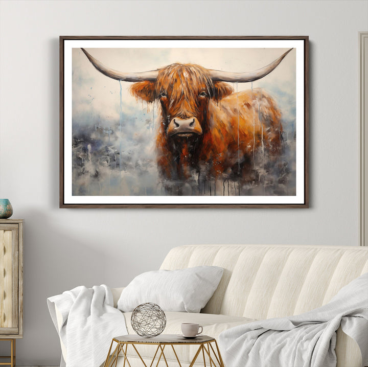 Scottish Highland Wall Art Canvas Print, Framed Longhorn Art Picture Print, Western Cow Perfect Farmhouse Decor Artwork