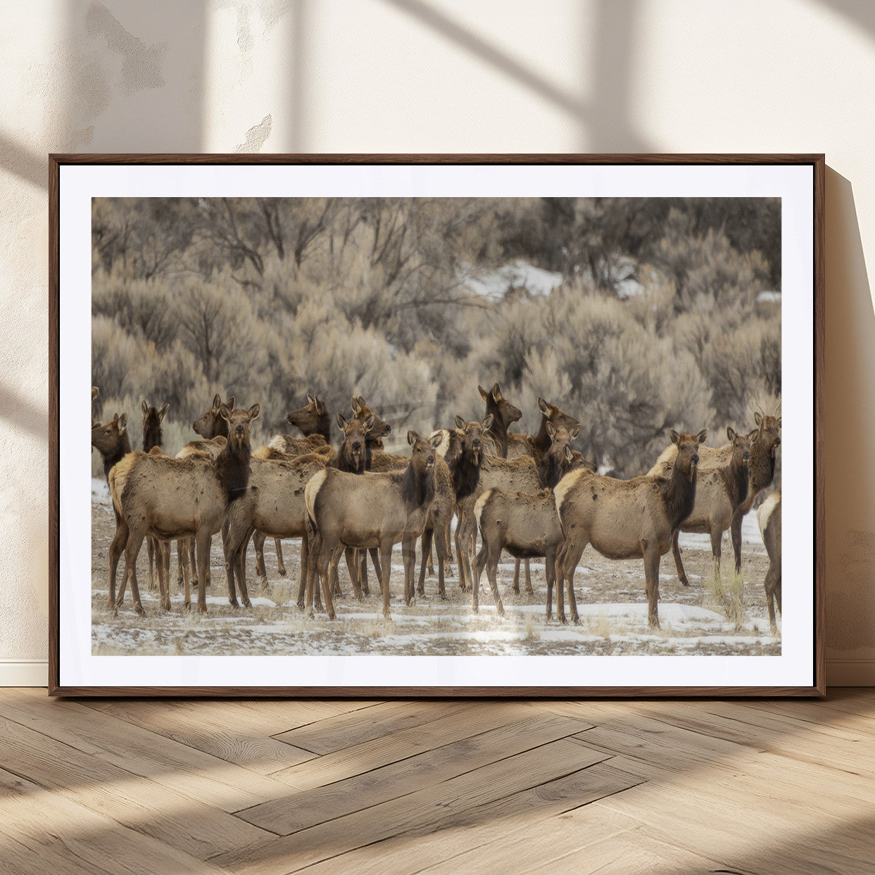 A stunning wall art canvas print featuring a large herd of elk standing together in a natural winter landscape with muted earthy tones and soft background foliage, perfect for rustic or nature-inspired home decor.