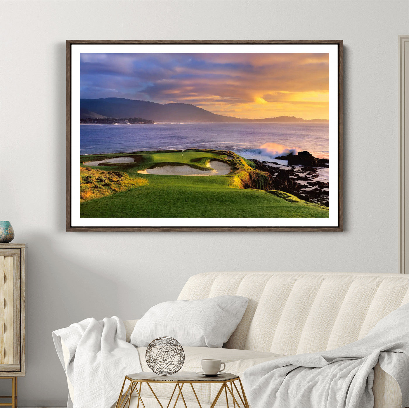 73699248-MGC-FP-36x24_Walnut-Pebble Beach Golf Links Wall Art Canvas Print – Iconic Coastal Golf Course Artwork, Perfect for Office, Man Cave, or Golf Lover’s Decor