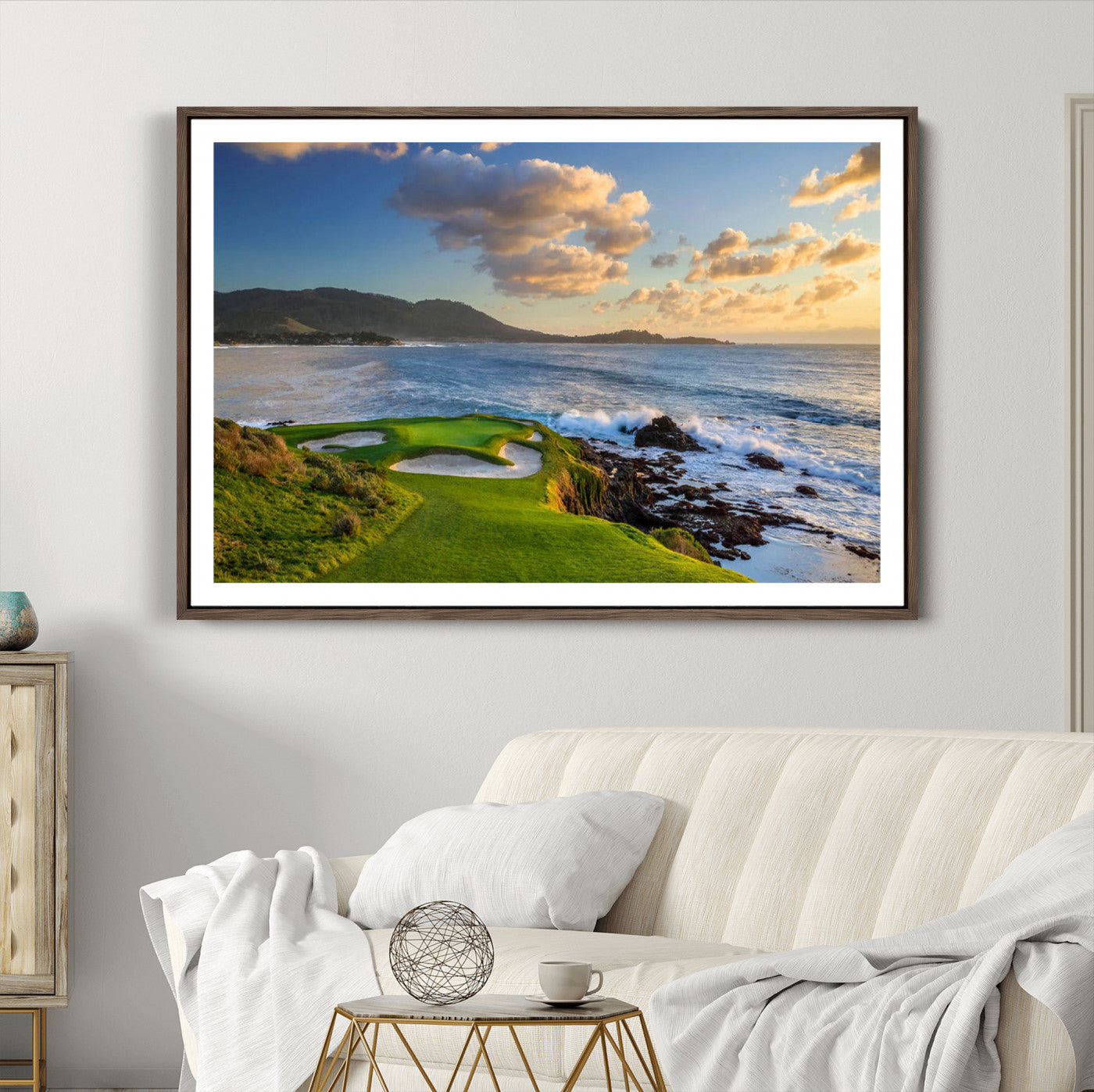 50107048-MGC-FP-36x24_Walnut-Pebble Beach Golf Links Wall Art Canvas Print – Iconic Coastal Golf Course Artwork, Perfect for Office, Man Cave, or Golf Lover’s Decor