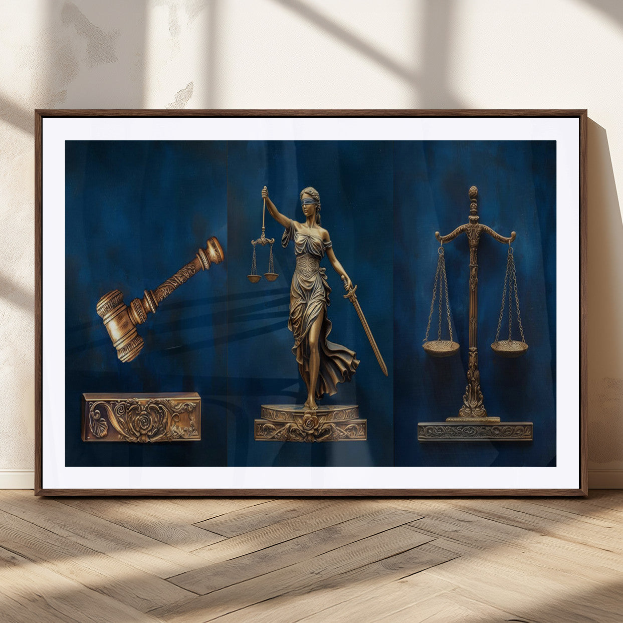 MGC-FP-36x24 - Lady Justice Wall Art Canvas Print – Elegant Gold Legal Symbols on Blue Background, Perfect for Law