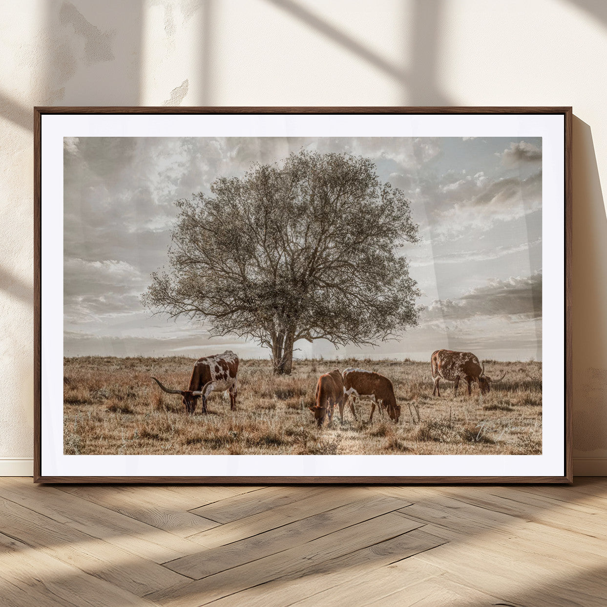 Texas Longhorn Cattle Wall Art Canvas Print – Rustic Western Ranch Scene with Steers at Sunset, Perfect for Farmhouse or Cowboy Decor