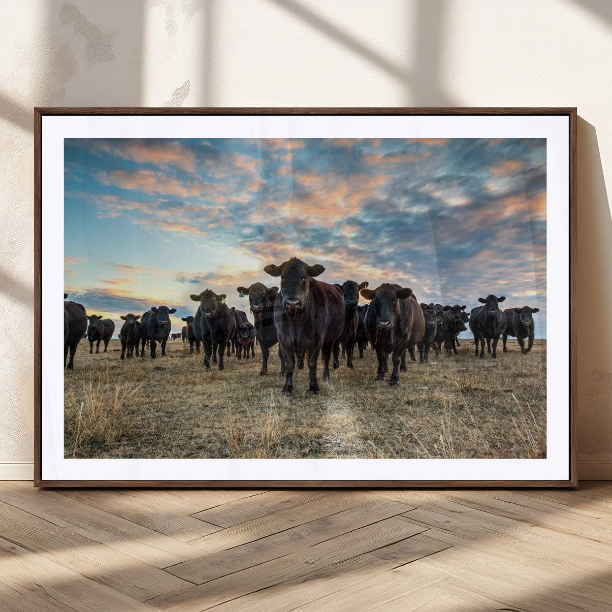 MGC-FP-36x24 - Texas Longhorn Cattle Wall Art Canvas Print – Rustic Western Ranch Scene with Steers at Sunset,