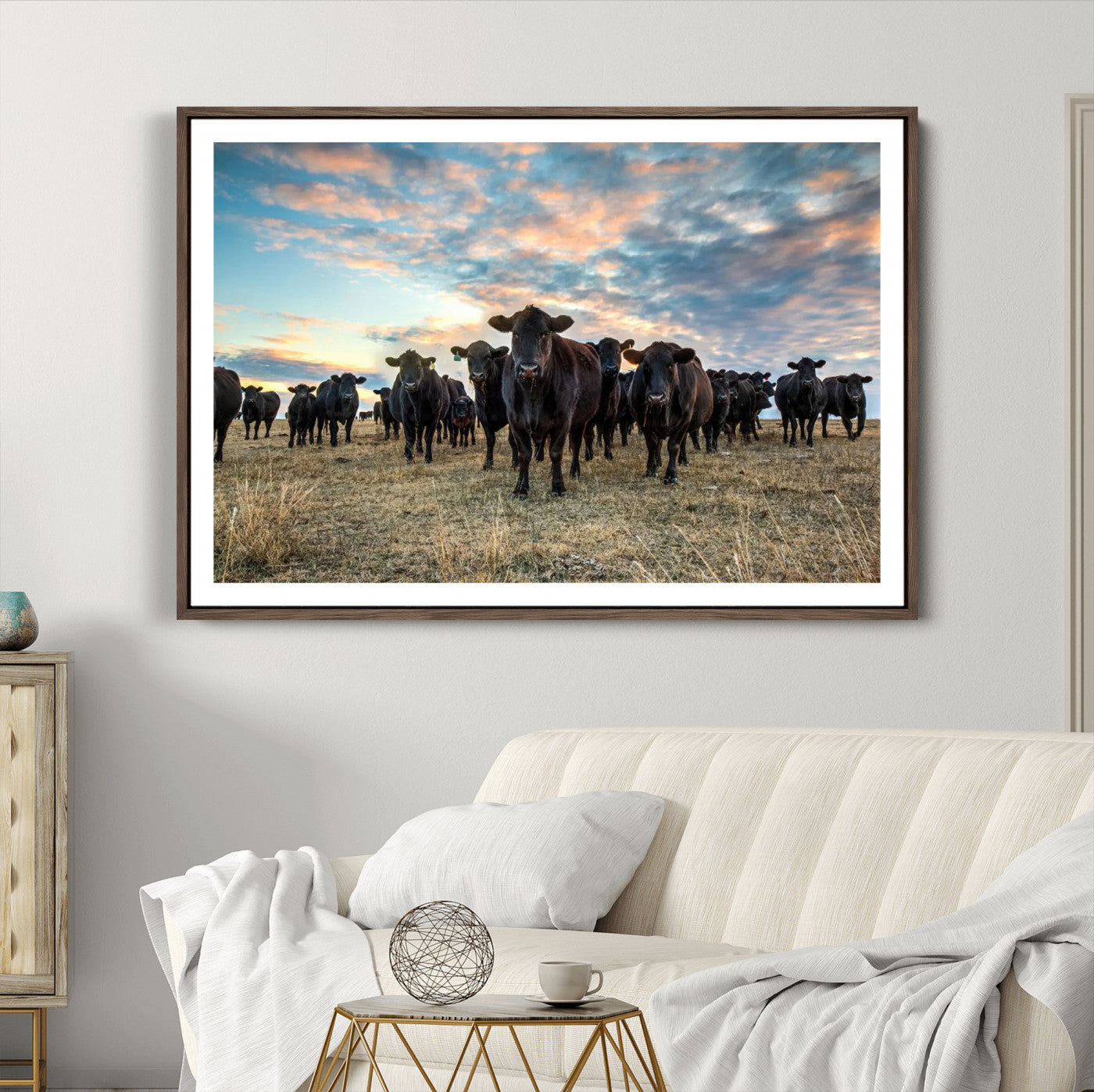 13867292-MGC-FP-36x24_Walnut-Texas Longhorn Cattle Wall Art Canvas Print – Rustic Western Ranch Scene with Steers at Sunset, Perfect for Farmhouse or Cowboy Decor
