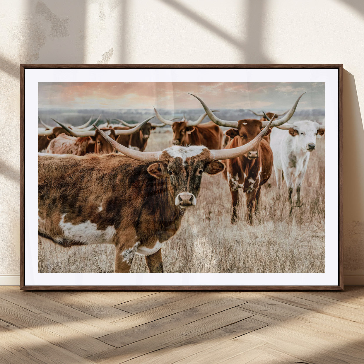 MGC-FP-36x24 - Texas Longhorn Cattle Wall Art Canvas Print – Rustic Western Ranch Scene with Steers at Sunset,
