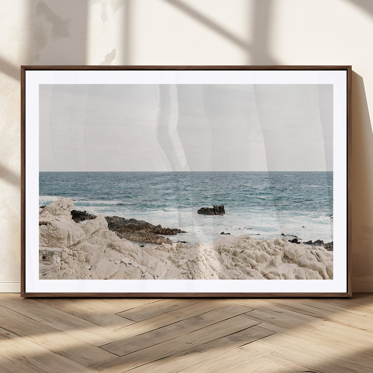 MGC-FP-36x24 - Coastal Ocean View Wall Art Canvas Print – Serene Rocky Shoreline and Blue Sea Photography for