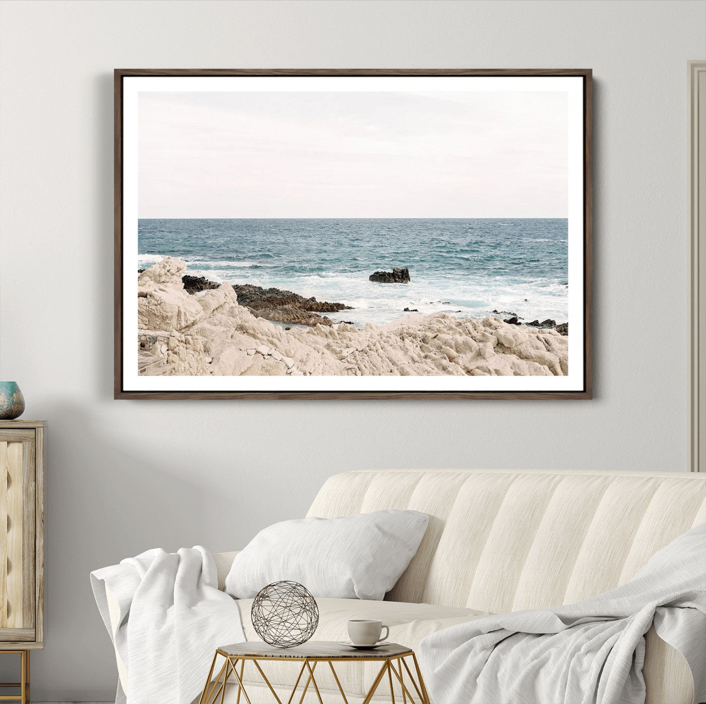 25481980-MGC-FP-36x24_Walnut-Coastal Ocean View Wall Art Canvas Print – Serene Rocky Shoreline and Blue Sea Photography for Coastal Chic or Minimalist Home Decor