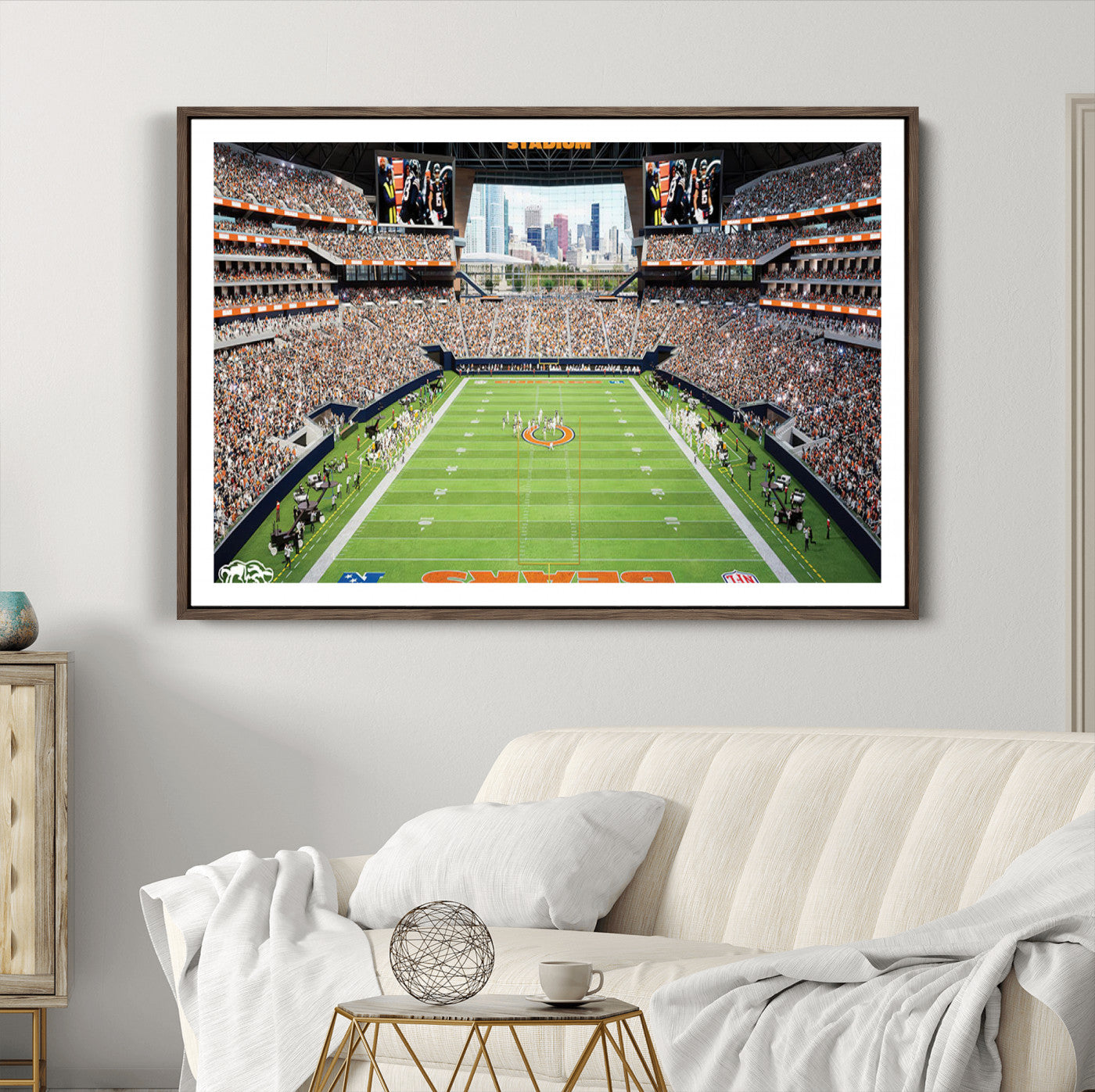 76935553-MGC-FP-40x30_Walnut-Chicago Bears Soldiers Field Wall Art Canvas Print – Framed Football Stadium Artwork for Sports Fans, Soldier Field Skyline Canvas Decor for Game Room or Man Cave
