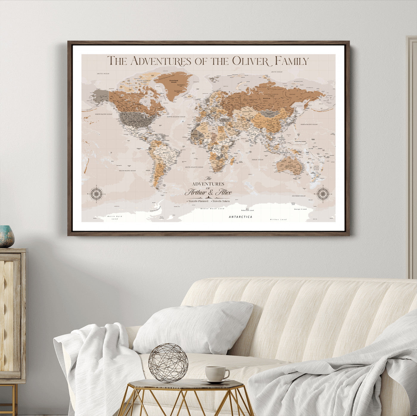 43101120-MGC-FP-36x24_Walnut-World Travel Map with Pins – Push Pin Maps of Where I've Been, Framed Wall Map for Travel Memories, Old Style Decorative World Map - H10