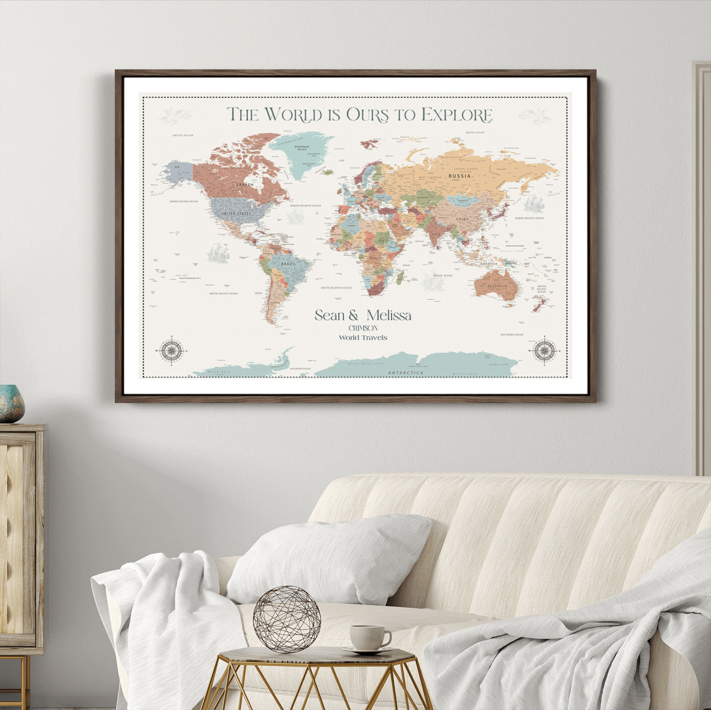 90968866-MGC-FP-40x30_Walnut-Custom Push Pin World Map Wall Canvas Print – Personalized Travel Tracker with Pins – Framed Large Multi-Size Canvas for Home Office Decor