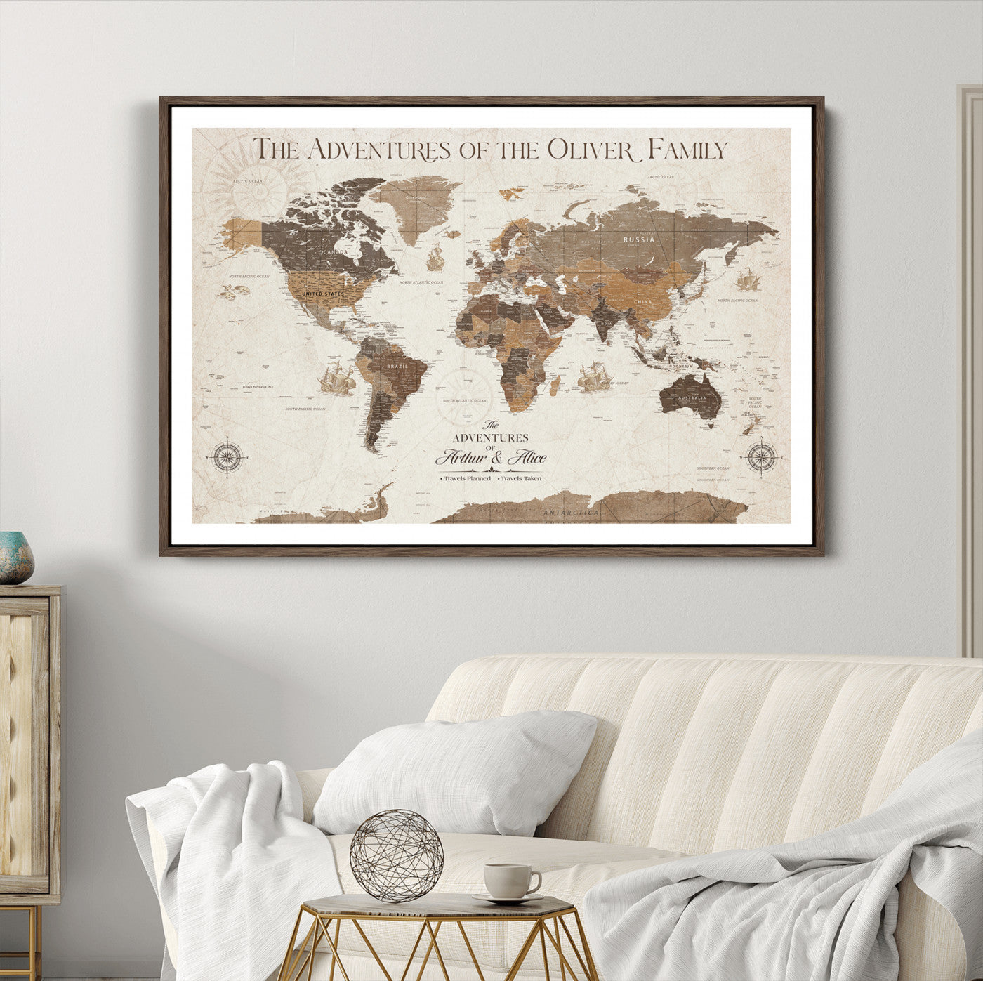 84483613-MGV-CV-36X24-Personalized Push Pin World Map Canvas Print Custom Family Travel Tracker Map Framed Adventure Gift for Couples Home Office