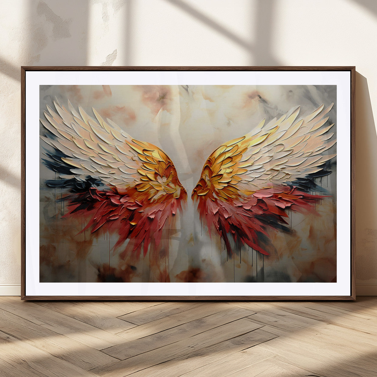 A stunning 3D-style painting of angel wings with vibrant gold, red, and black hues, creating a dramatic and striking visual effect.