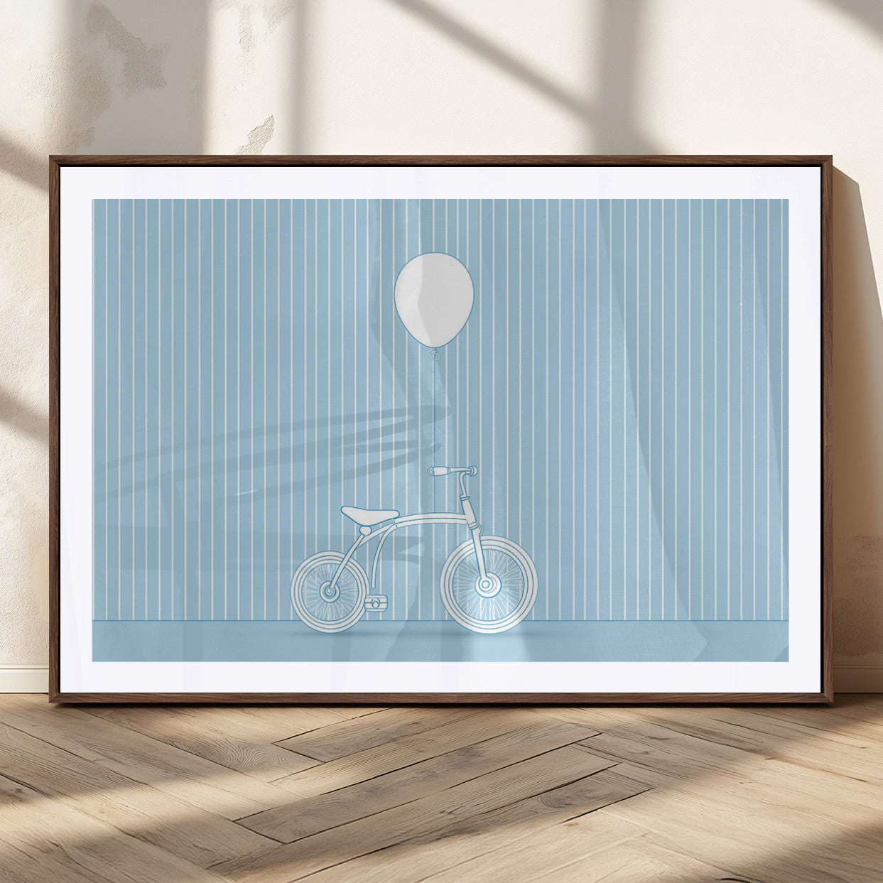 A minimalistic blue line drawing of a bicycle with a balloon floating above it, set against a soft striped background.