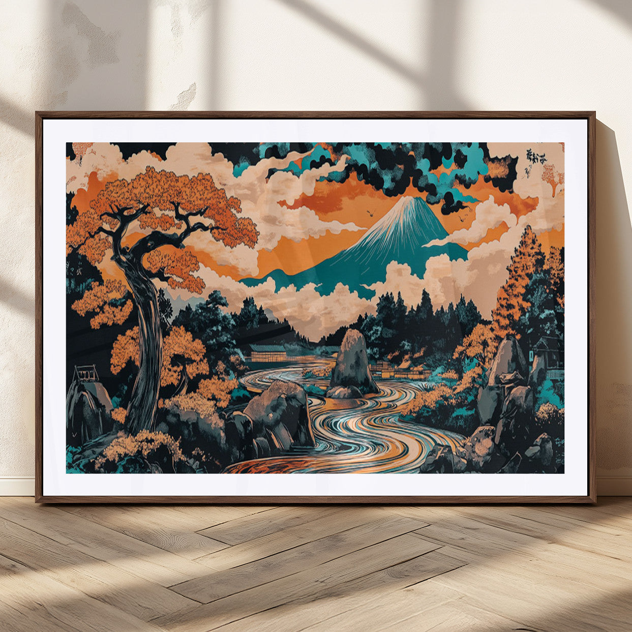 A vibrant Japanese-inspired landscape featuring Mount Fuji, a winding river, and autumn-colored trees under a dramatic sky, in bold and vivid hues.