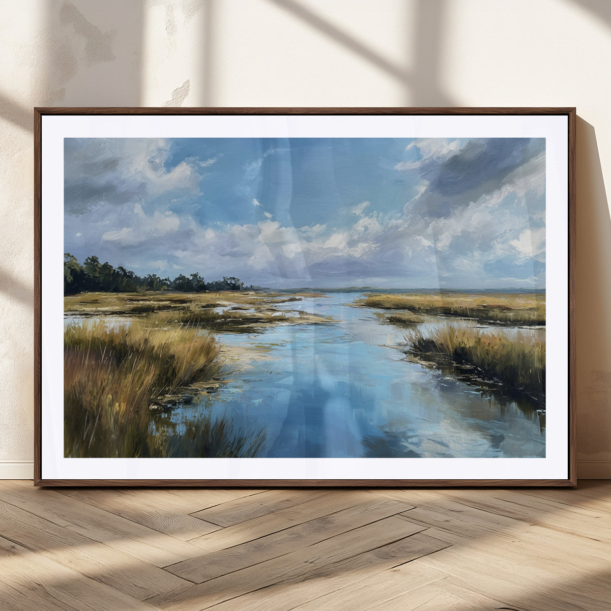A beautiful, painterly landscape of a calm river winding through a marsh, with vibrant green grasses and a bright blue sky filled with fluffy clouds.