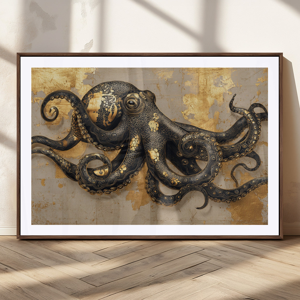 A stunning golden and black illustration of an octopus on a textured background with gold leaf accents, highlighting its intricate tentacles and unique design.