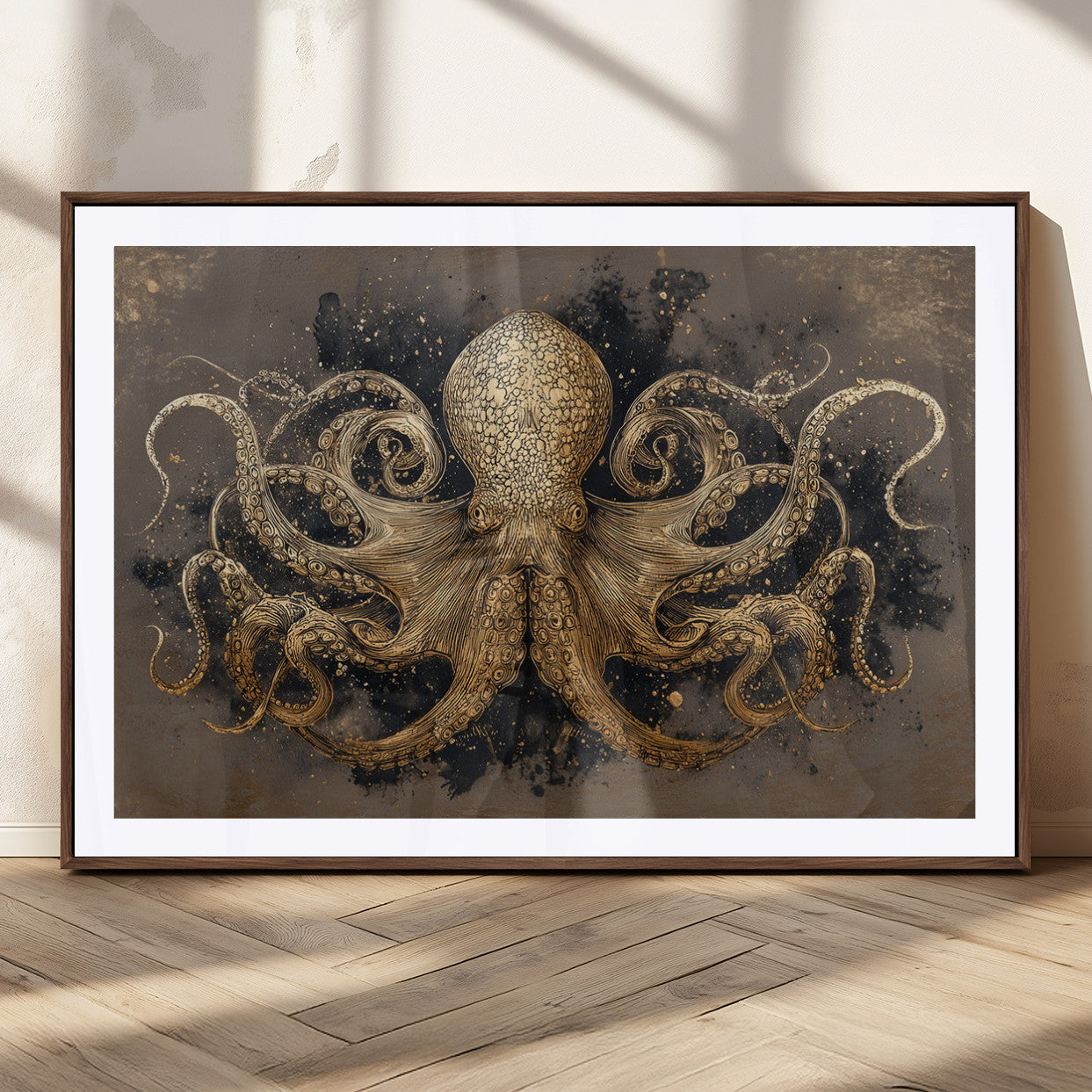 A beautifully detailed illustration of an octopus in gold ink on a textured dark background, with swirling tentacles and intricate patterns.