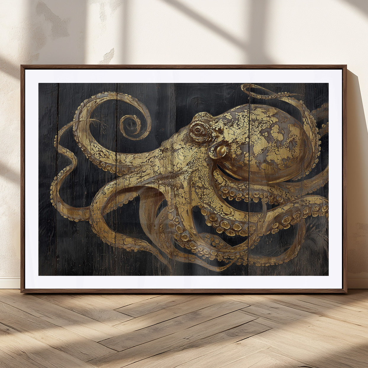 A detailed gold illustration of an octopus on black wooden planks, showing its intricate tentacles and textured skin in an artistic style.