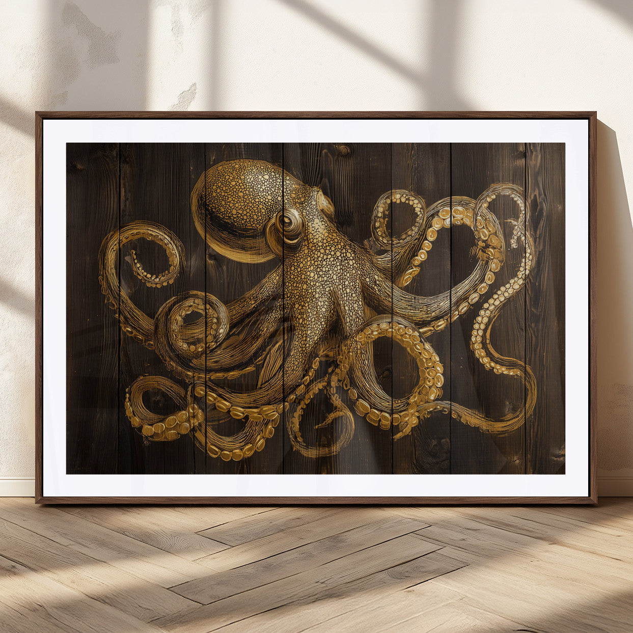 An artistic rendering of an octopus in gold ink on wooden planks, showcasing intricate details of its tentacles and textured skin.