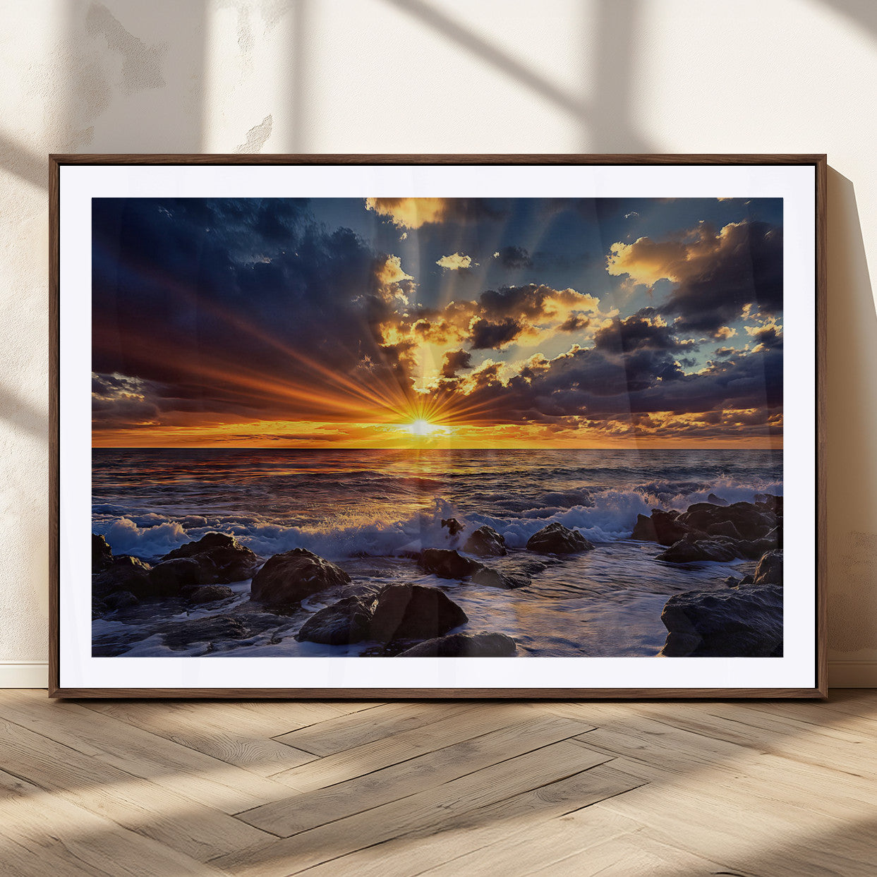 An explosive sunset over the ocean with dramatic clouds and rays of sunlight reflecting off the water, creating a vibrant and captivating view.