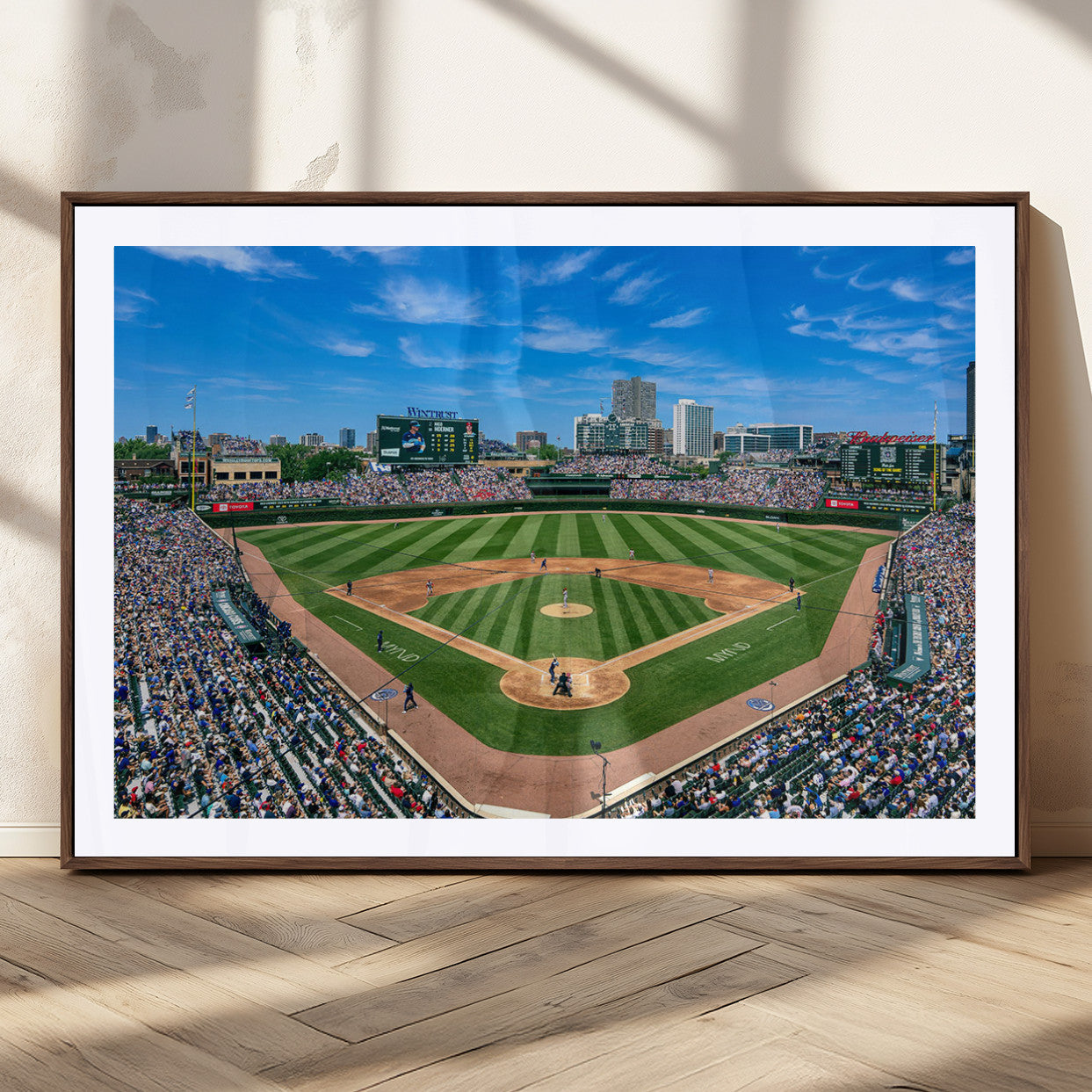 Wrigley Field Baseball Stadium Canvas Wall Art, Packed Crowd Sports Stadium Print, City Skyline Baseball Field Canvas for Game Room Decor