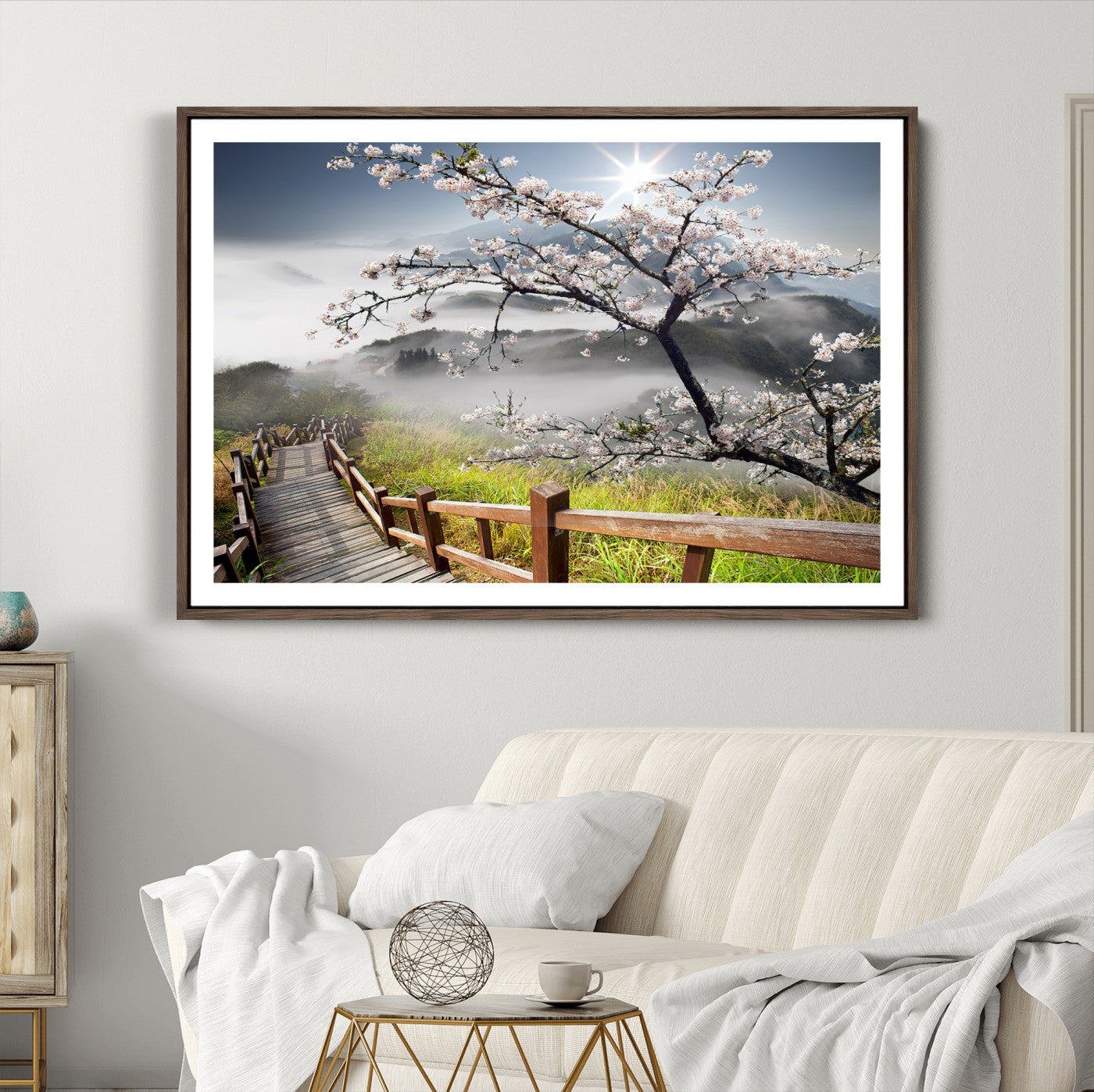 34632598CRY-MGC-FP-36x24_Walnut-Sakura Cherry Blossom Pathway Canvas Wall Art – Tranquil Walk Through Blossoming Nature – Ready to Hang