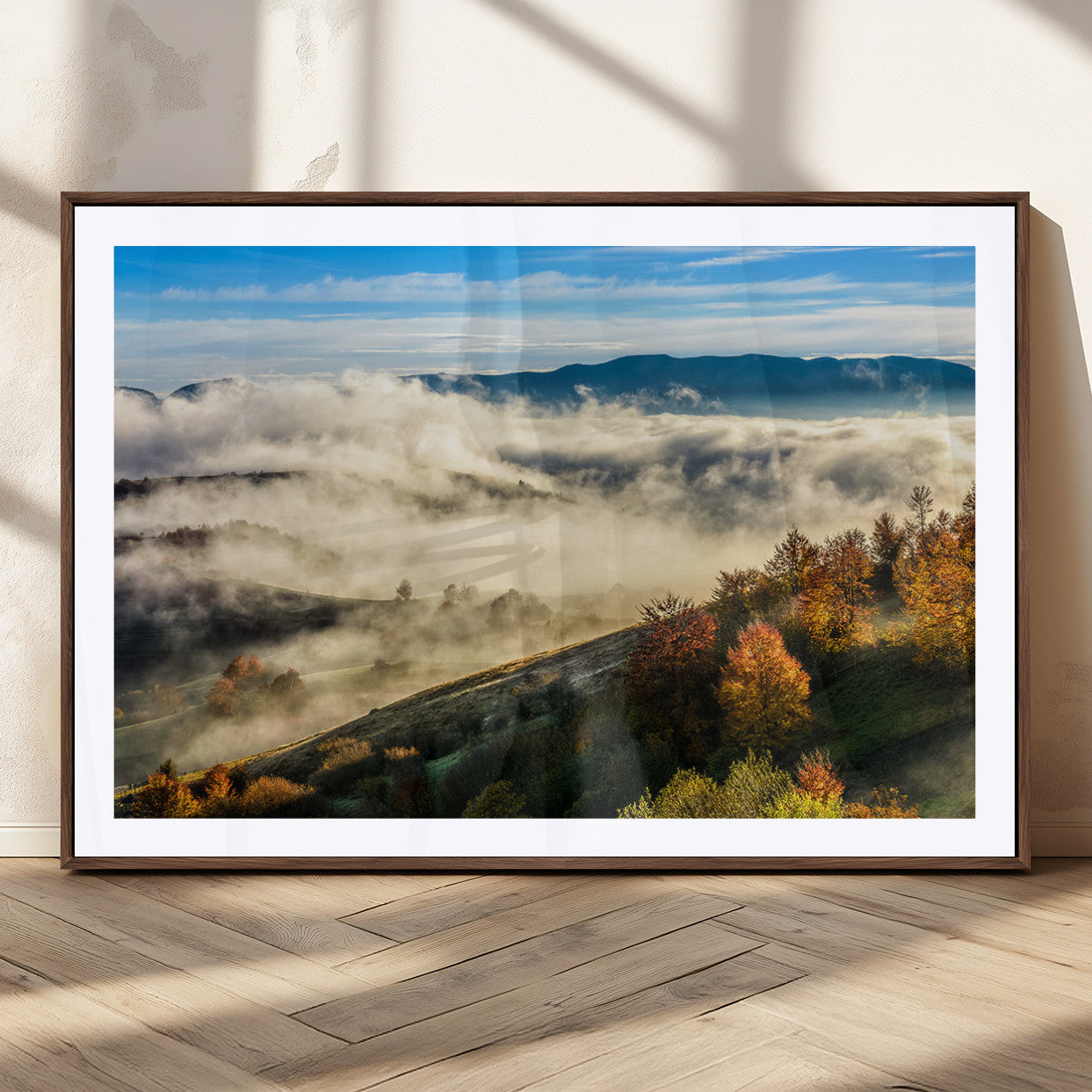 21551192-MGV-CV-36X24-Misty Autumn Hills Canvas Wall Art, Foggy Forest Landscape, Fall Foliage Beauty, Serene Mountain View, Cozy Home Decor, Office Tranquility, Nature Calm Print