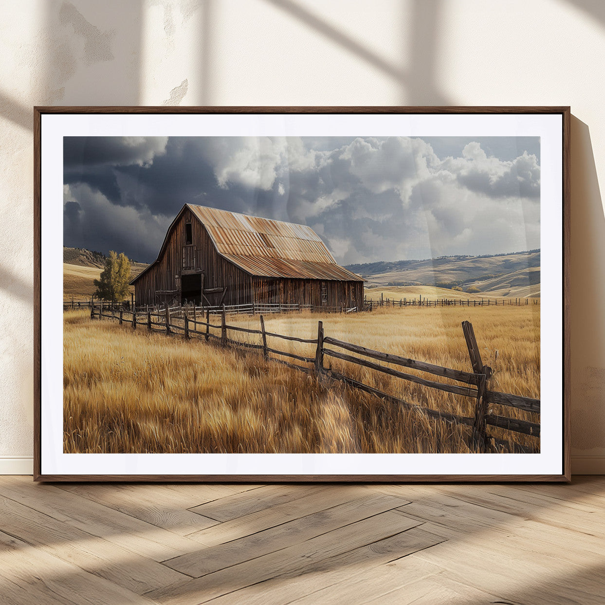 "Rustic barn surrounded by golden fields, a wooden fence, and dramatic storm clouds in the sky, capturing a serene countryside landscape."