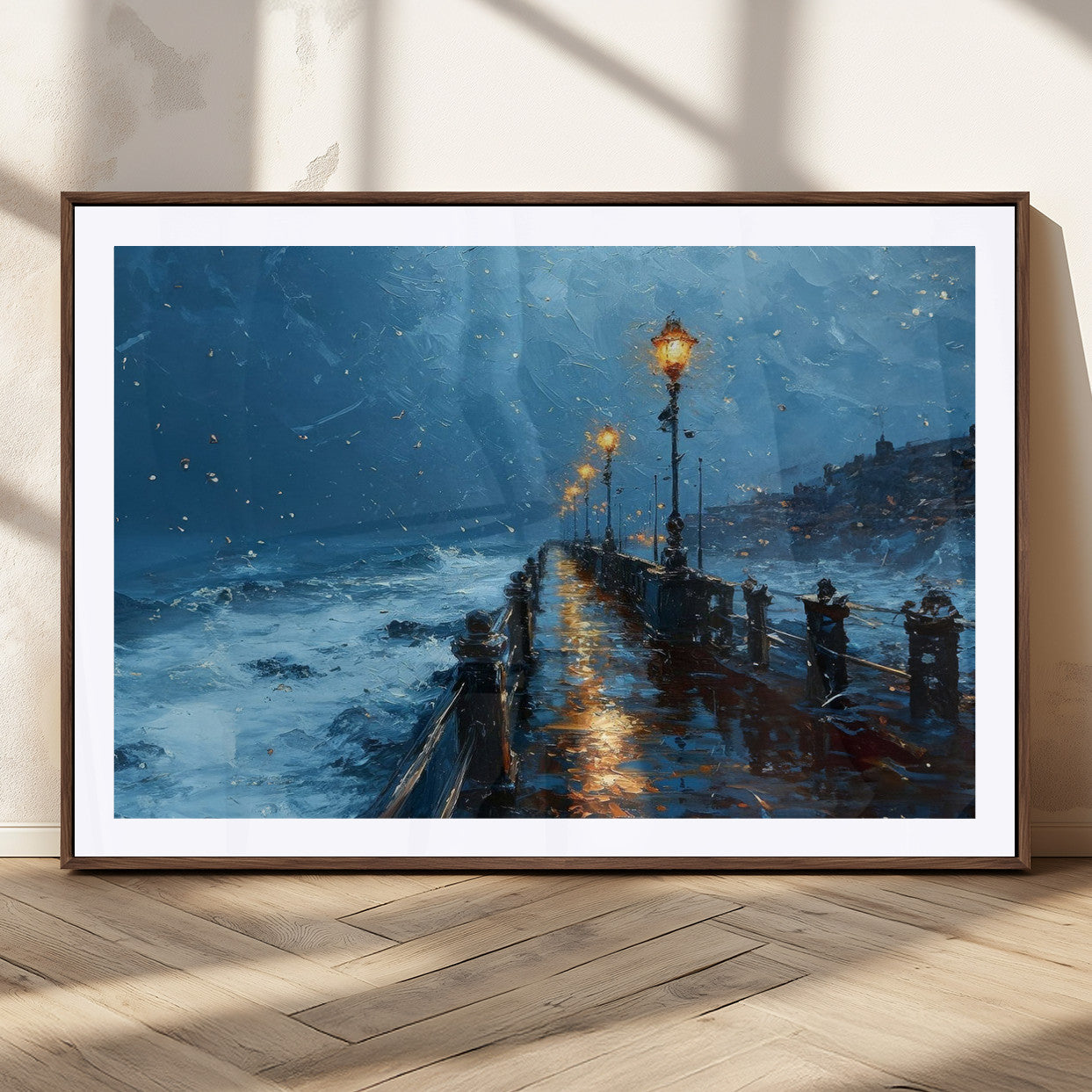 "Impressionistic painting of a stormy pier with street lamps glowing, waves crashing, and a misty ocean under a blue sky."