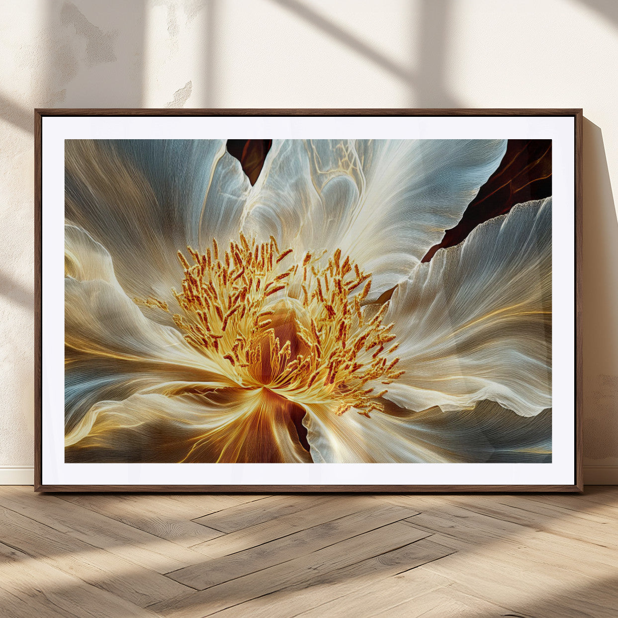 "Close-up of a glowing, abstract flower with delicate white petals and vibrant golden-yellow stamen against a dark background."