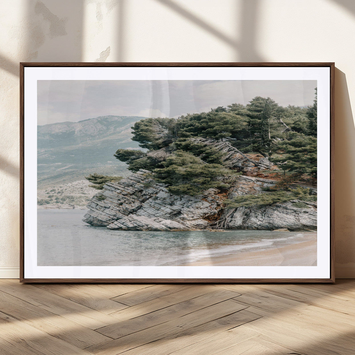 MGC-FP-36x24 - Coastal Rock Canvas Wall Art Print, Scenic Beach Landscape, Pine Trees on Rocky Cliff, Large Nature