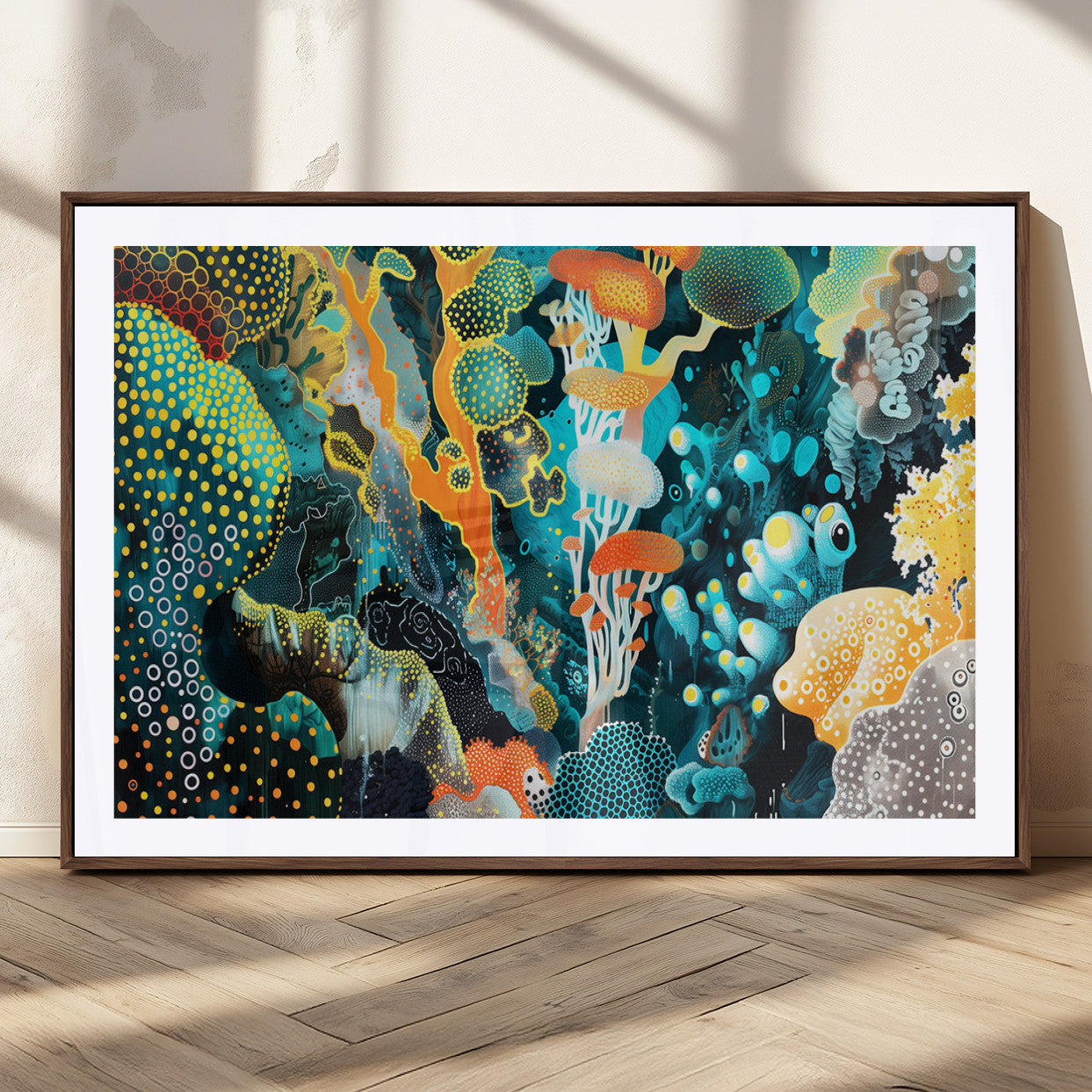 Colorful abstract coral reef scene featuring vibrant underwater plants, marine patterns, and fluid organic shapes – Wall Art Canvas Print.