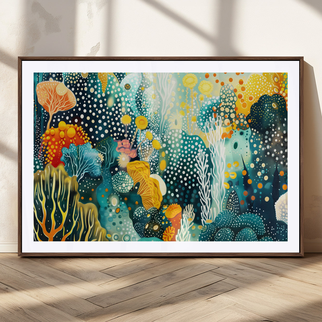 Abstract underwater coral reef illustration with vibrant colors, dotted textures, and stylized marine flora – Wall Art Canvas Print.