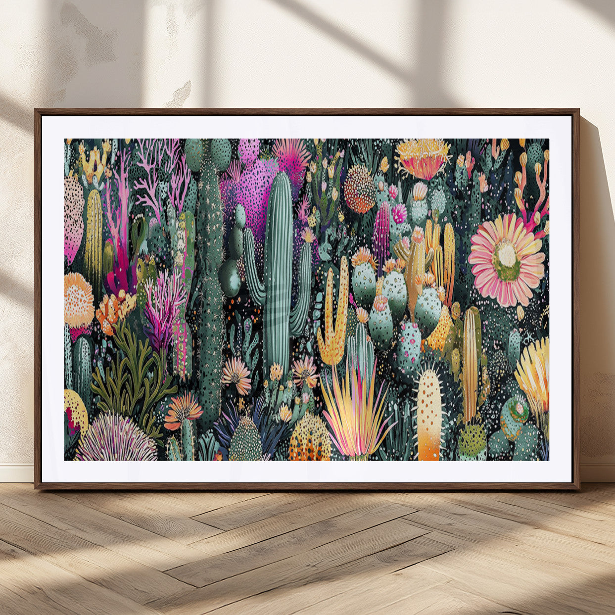 Colorful and detailed painting of various cacti and desert flowers in vibrant hues on a dark background – Wall Art Canvas Print.