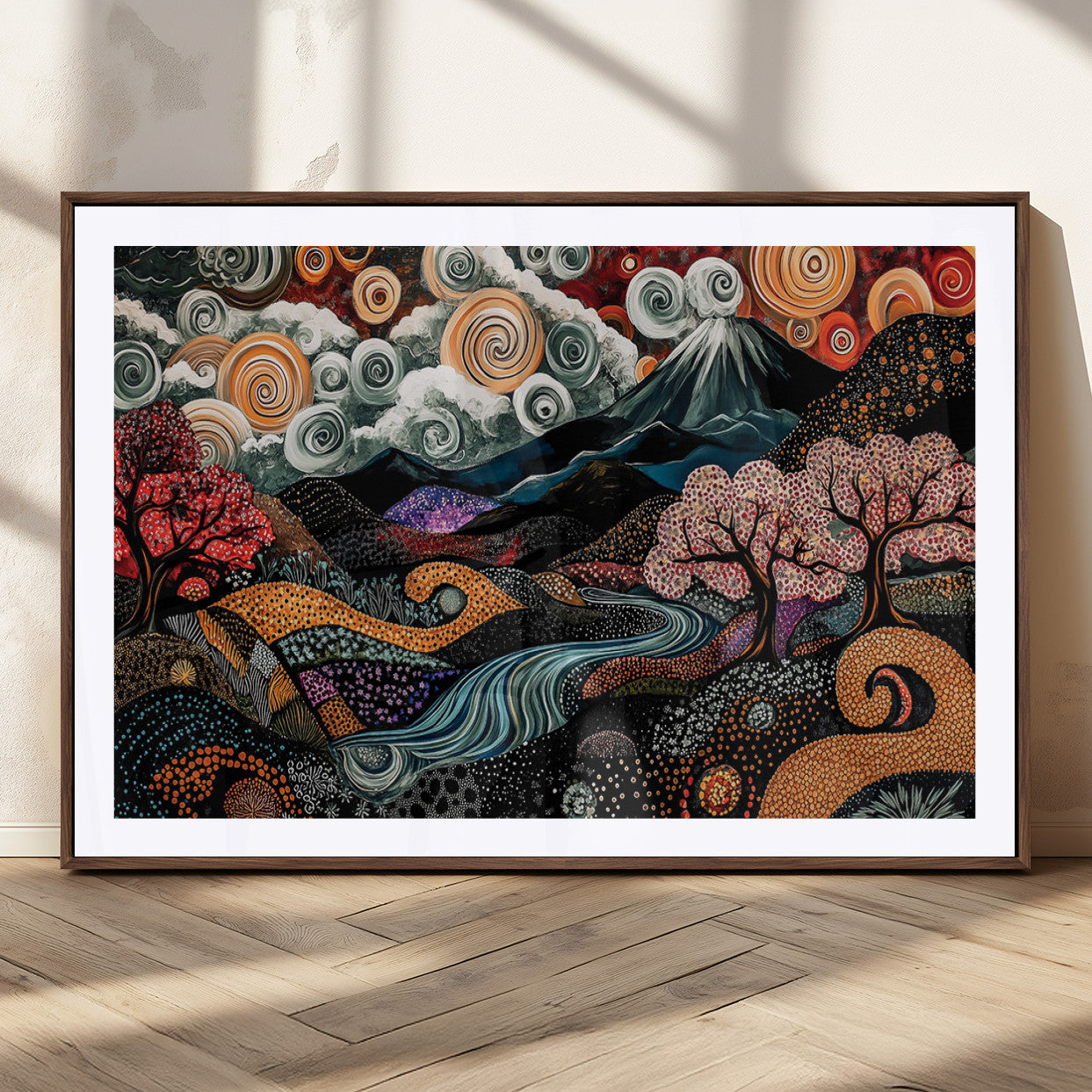 Vibrant abstract landscape painting featuring swirling clouds, colorful trees, flowing river, and textured hills under a mountain – Wall Art Canvas Print.