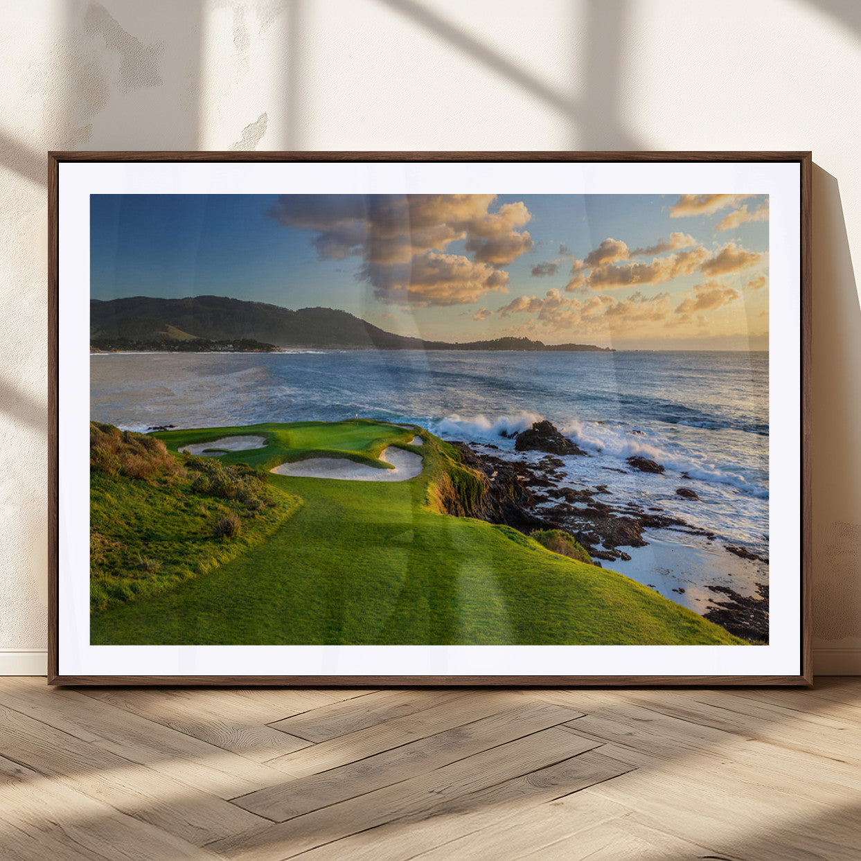 MGC-FP-36x24 - Stunning Coastal Golf Course at Sunset with Rolling Green Fairways and Ocean Waves – Perfect Wall
