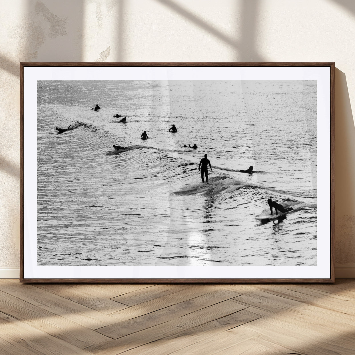 MGC-FP-36x24 - Black and White Surfers Riding Gentle Ocean Waves – Minimalist Coastal Photography Wall Art Canvas