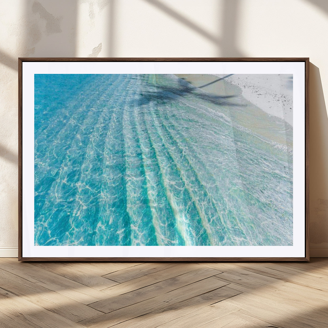 17528159-MGV-CV-36X24-Crystal Clear Shallow Ocean Water with Sunlight Reflections and Palm Tree Shadow on Sandy Beach – Beautiful Wall Art Canvas Print for Coastal Decor