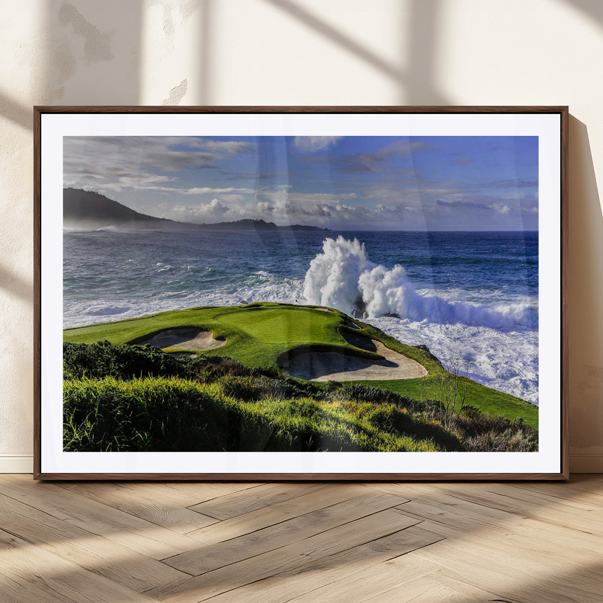 78508908-MGV-CV-36X24-Dramatic Ocean Waves Crashing Against Rocky Coastline Near a Green Golf Course – Stunning Wall Art Canvas Print for Nature and Sports Lovers