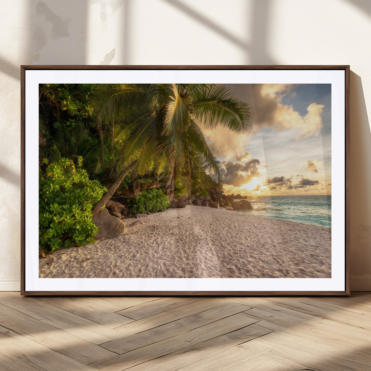 89531159-MGV-CV-36X24-Tropical beach sunset, palm trees, white sand, ocean waves, golden sky, serene landscape, nature beauty, tranquil shore, Wall Art Canvas Print