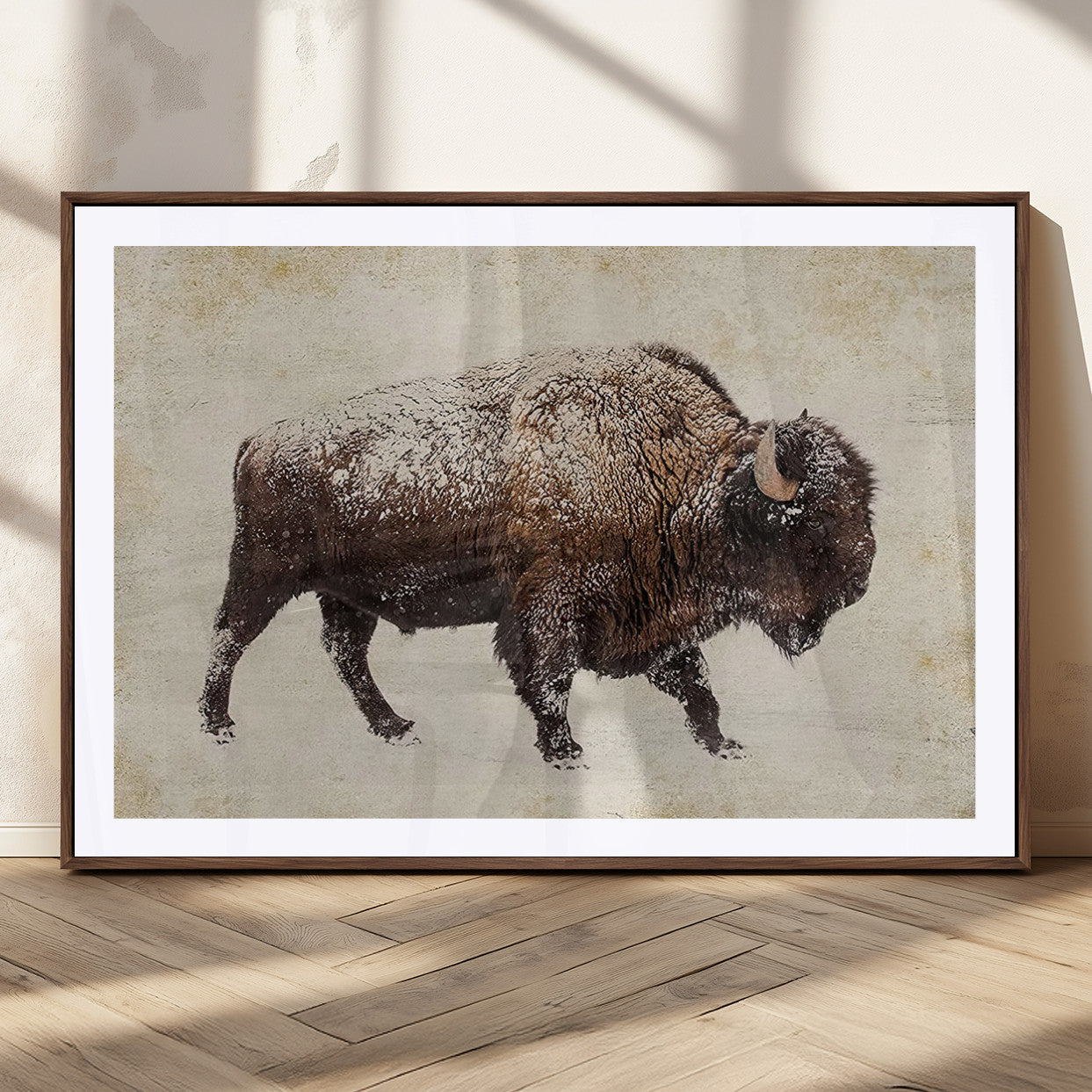 54810031-MGV-CV-36X24-Snow-dusted bison silhouette textured vintage style rugged wildlife art with neutral tones perfect for rustic home decor Wall Art Canvas Print design