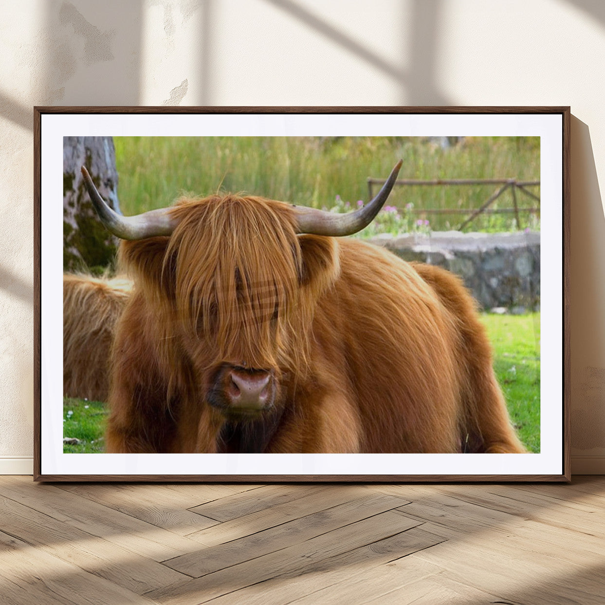 68411138-MGV-CV-36X24-Highland Cow Long Hair Rustic Farm Animal Horns Green Pasture Natural Beauty Outdoor Wall Art Canvas Print