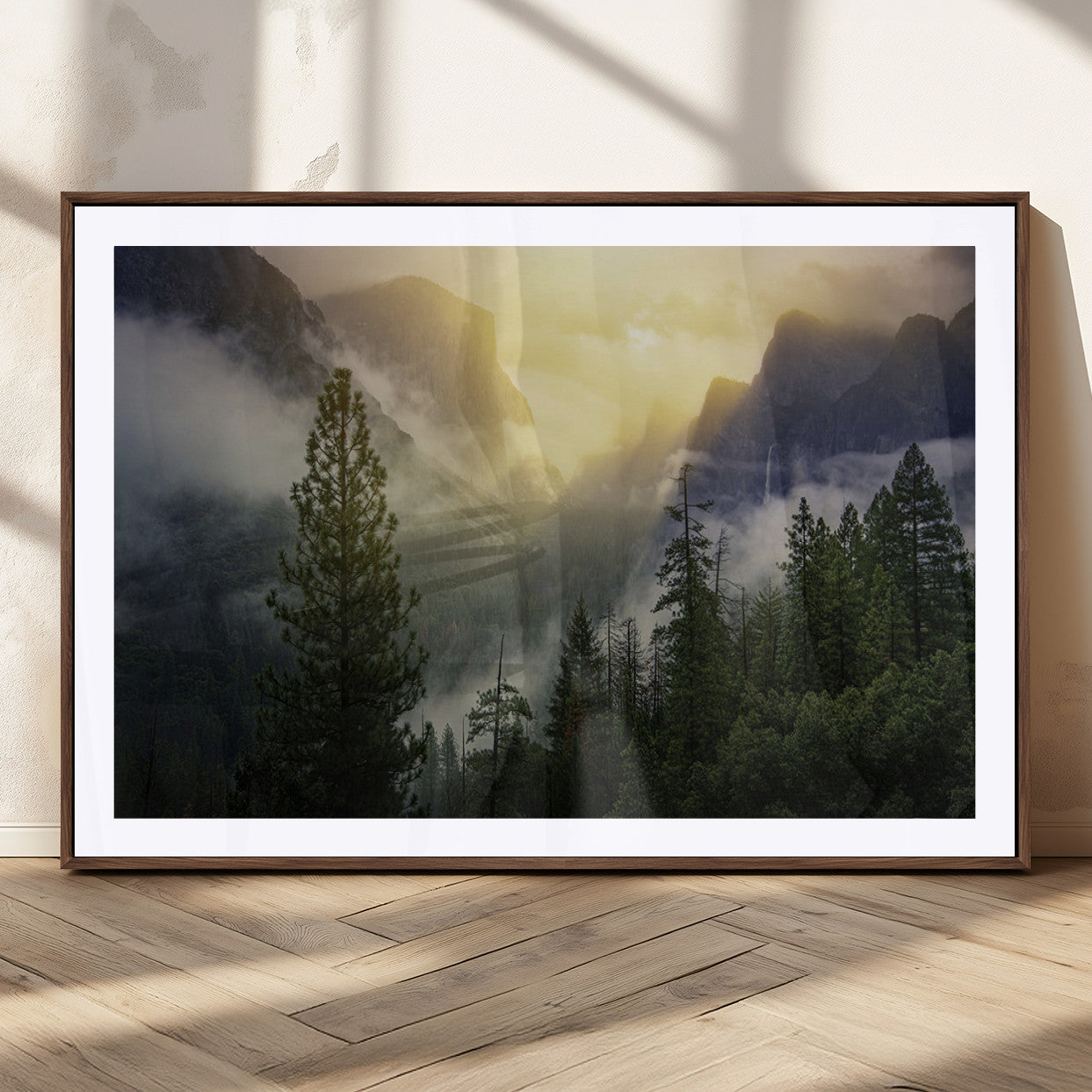 38316884-MGV-CV-36X24-Misty Forest Sunrise Mountain Valley Pine Trees Foggy Landscape Nature Scenic Outdoors Calm Tranquil Wall Art Canvas Print