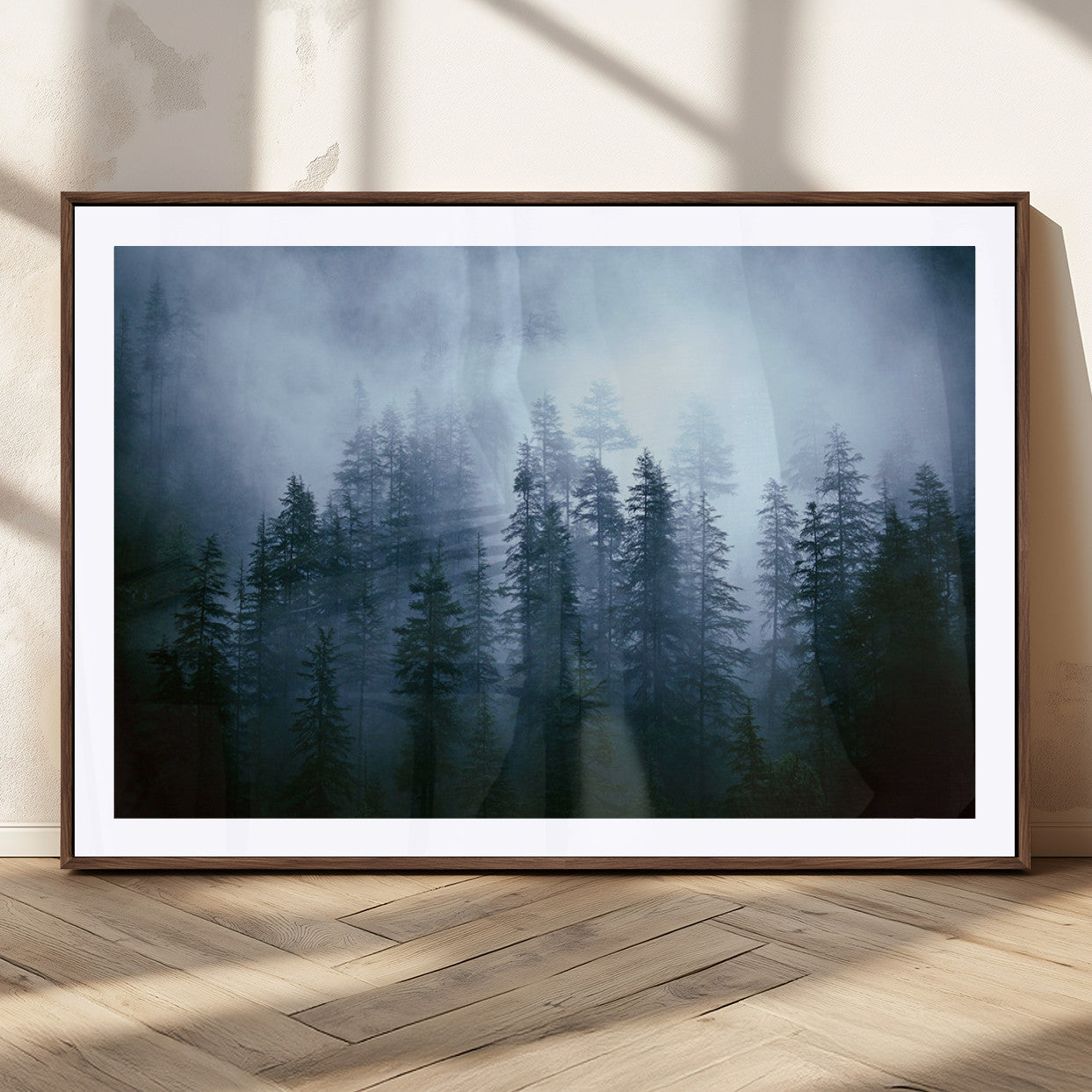 93439624-MGV-CV-36X24-Foggy Evergreen Pines Mist Forest Blue Haze Moody Atmospheric Wilderness Nature Trees Scenic Tranquil Peaceful Landscape Wall Art Canvas Print