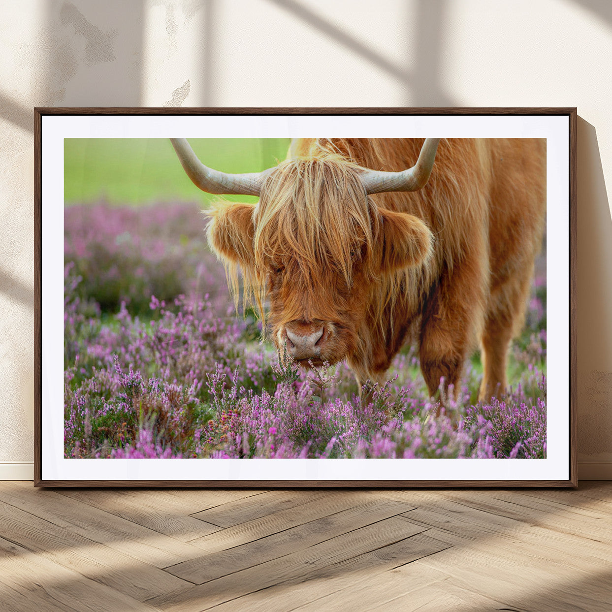 64069351-MGV-CV-36X24-Highland Cow Purple Flowers Nature Pasture Scenic Wildlife Animal Grazing Meadow Calm Rustic Charm Outdoors Peace Wall Art Canvas Print