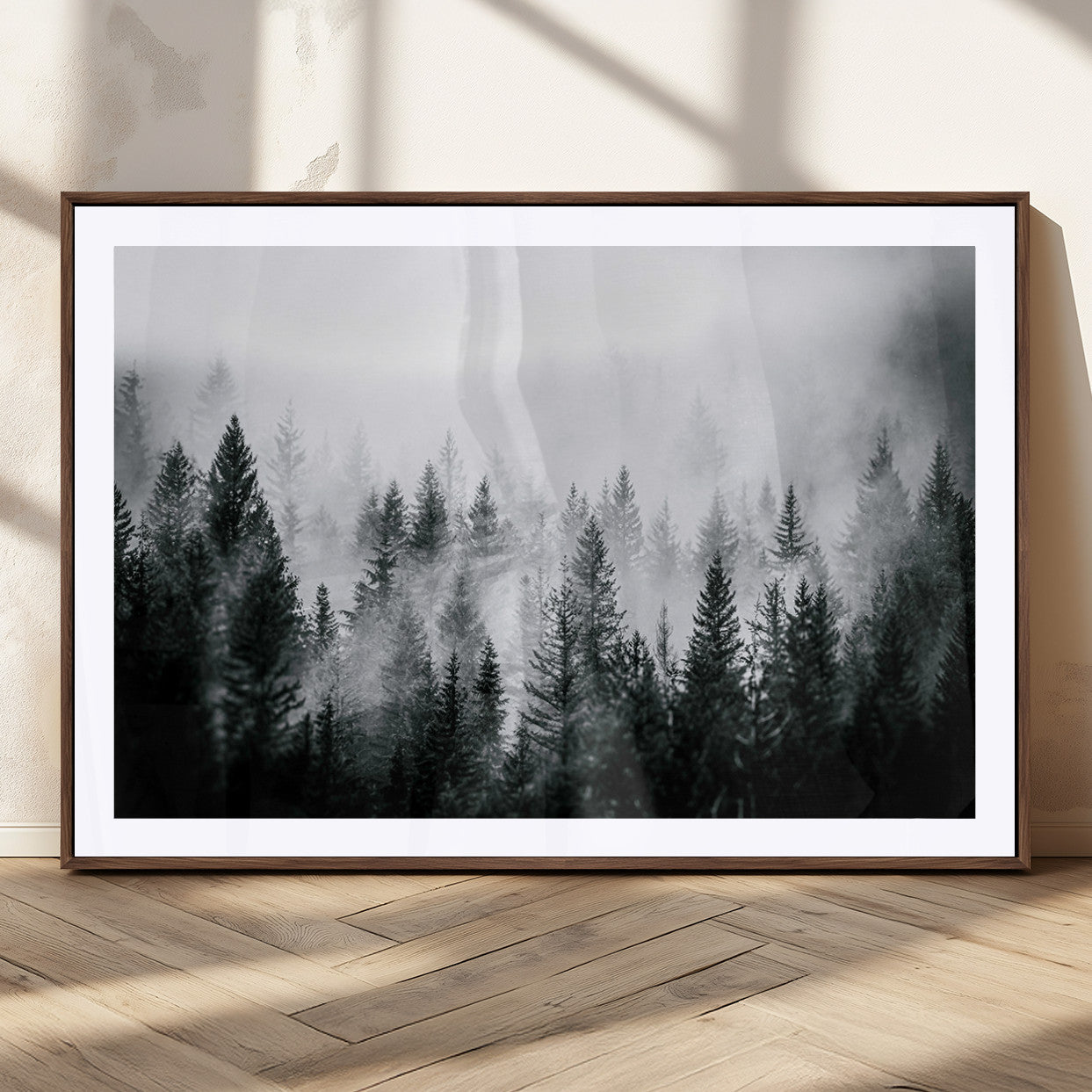 Horizontal black and white canvas wall art of foggy pine forest landscape for modern and rustic home decor