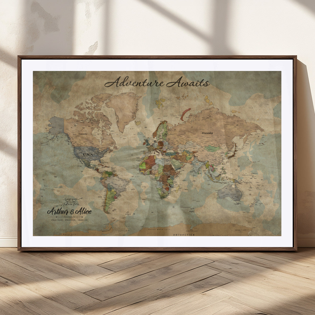 MGC-FP-36x24 - Personalized World Map Wall Art Canvas Print – Custom Push Pin Travel Map for Couples, Families, or Office Décor