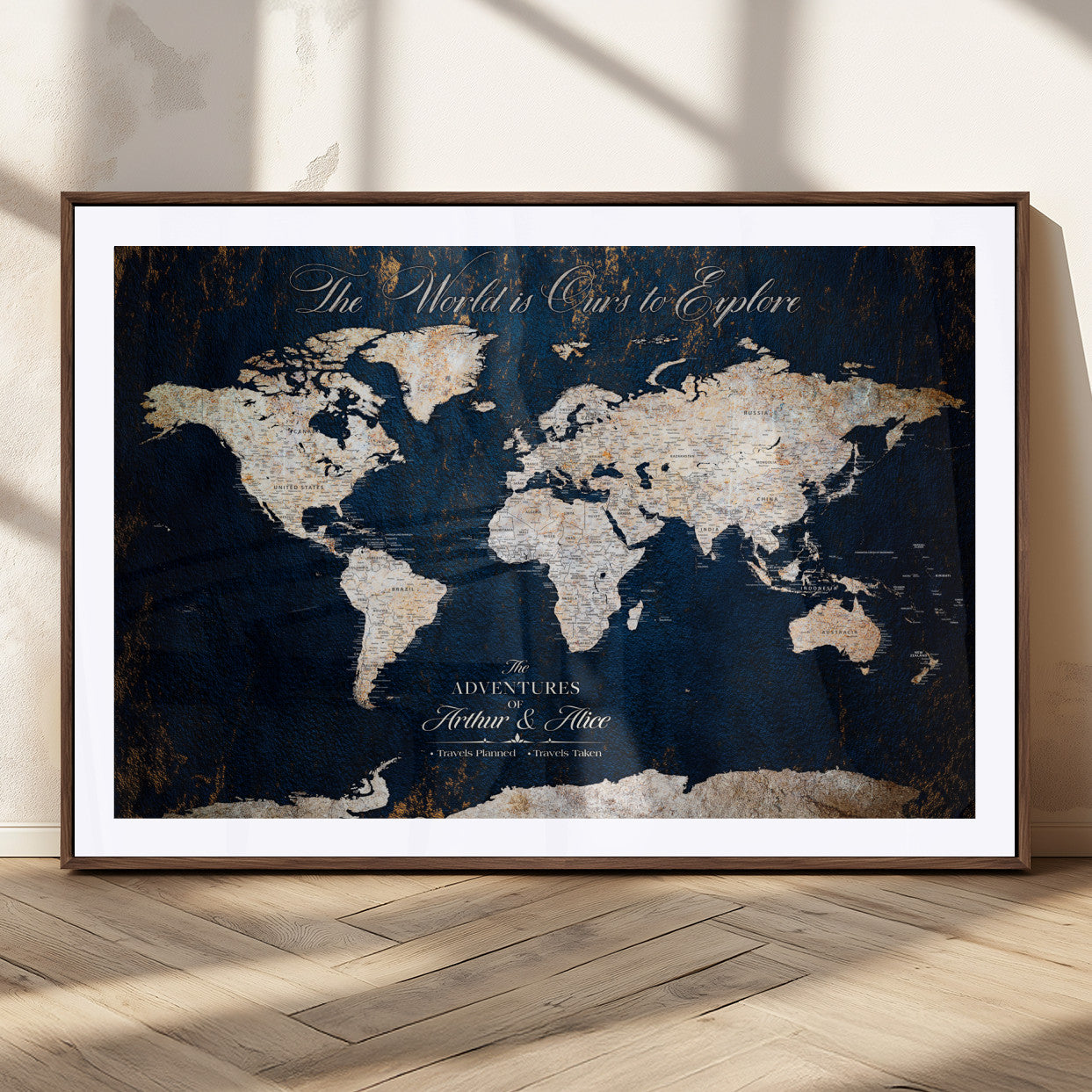 MGC-FP-36x24 - Personalized World Map Wall Art Canvas Print – Custom Push Pin Travel Map for Couples, Families, or Office Décor