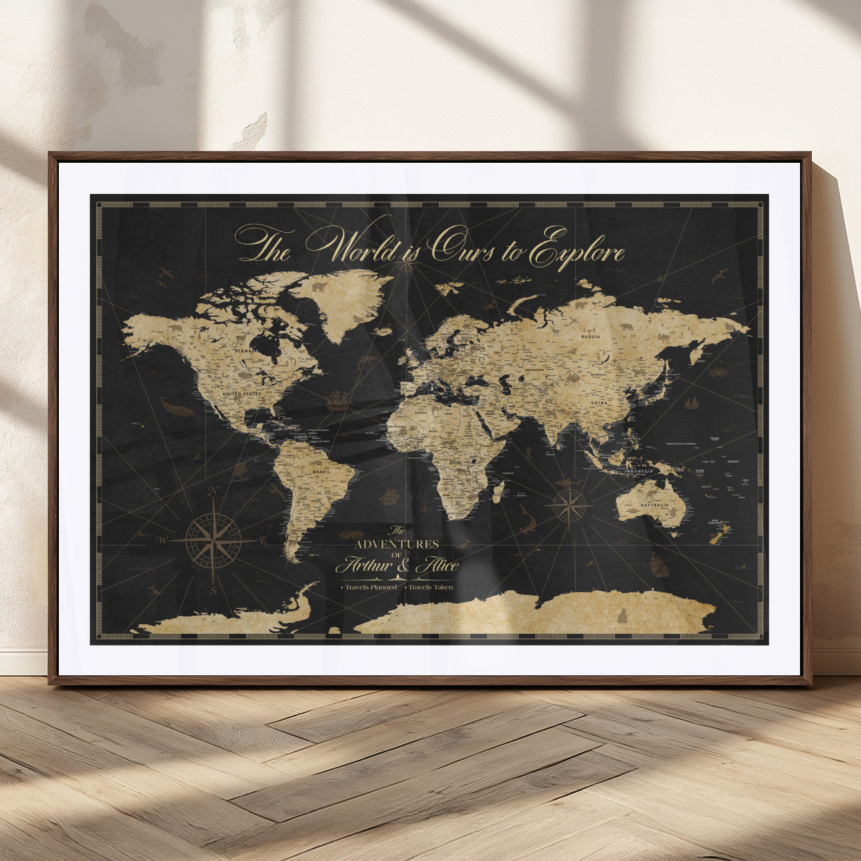 MGC-FP-36x24 - Personalized World Map Wall Art Canvas Print – Custom Push Pin Travel Map for Couples, Families, or Office Décor