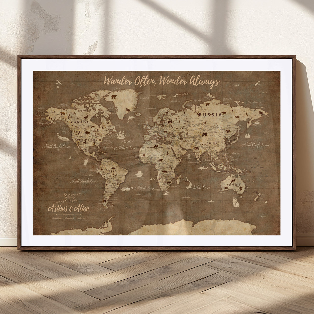 MGC-FP-36x24 - Personalized World Map Wall Art Canvas Print – Custom Push Pin Travel Map for Couples, Families, or Office Décor